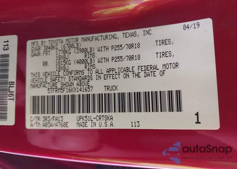 2019 Toyota Tundra Sr 4.6L V8 from USA, damaged, VIN 5TFRM5F16KX141657